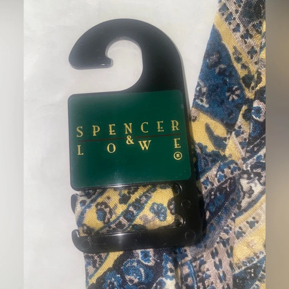 SPENCER & LOWE Four N Hand Silk Necktie Tie Yellow Blue Paisley $25 USA lcsr